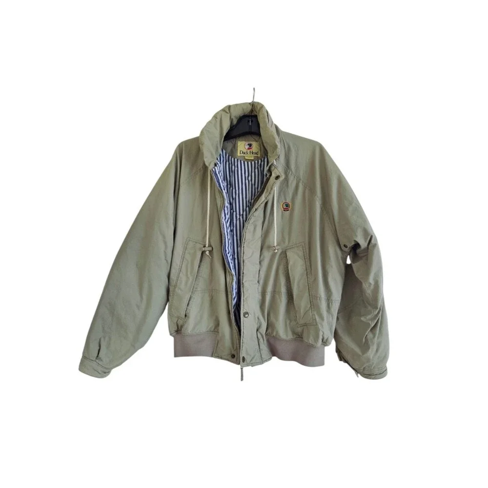Vintage Duck Head Bomber Jacket Quilt Lining Zip Out Hood Outdoor L Neutral 90s